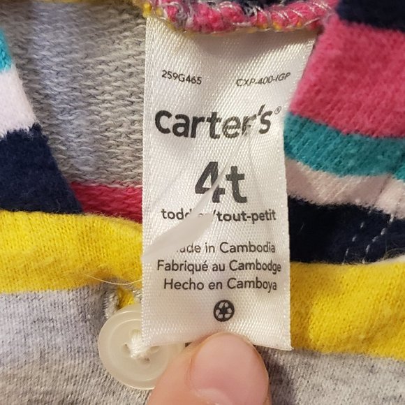 CARTER'S Girl Toddler Horizontal Blue Pink Yellow White Grey Striped Hoodie-S:4T - Picture 5 of 7